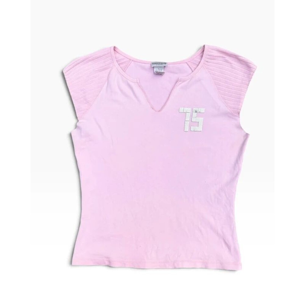 Y2K Sporty Coquette Pink Rhinestone 75 Tee Ribbed Cap Sleeve Top - L